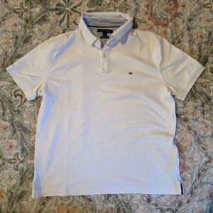 Tommy Hilfiger Polo Shirt Mens Large White Custom Fit 100% Cotton Casual Golf